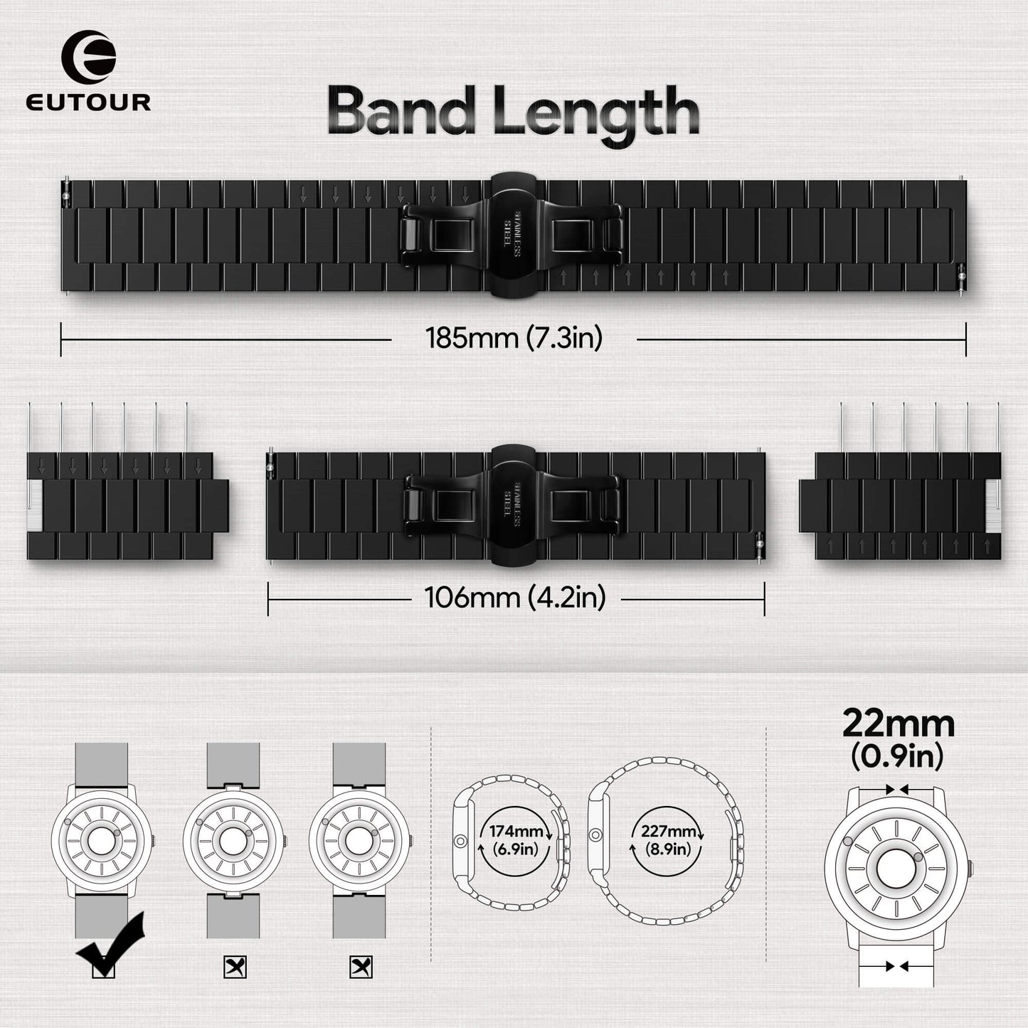 EUTOUR 22mm Stainless Steel Expansion Watch Band for Men